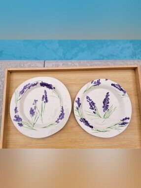 Handmade Lavender Floral Ceramic Dinner Plates - White and Purple